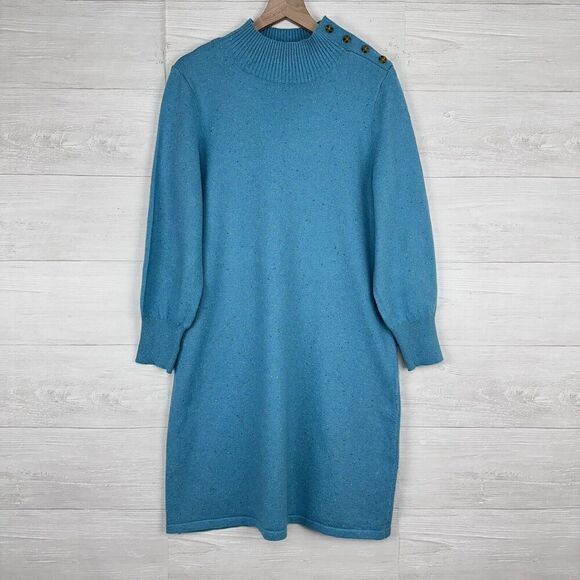 Talbots Mock Neck Sweater Dress Size Medium Aqua Blue Speckled Shoulder Buttons - Picture 14 of 15